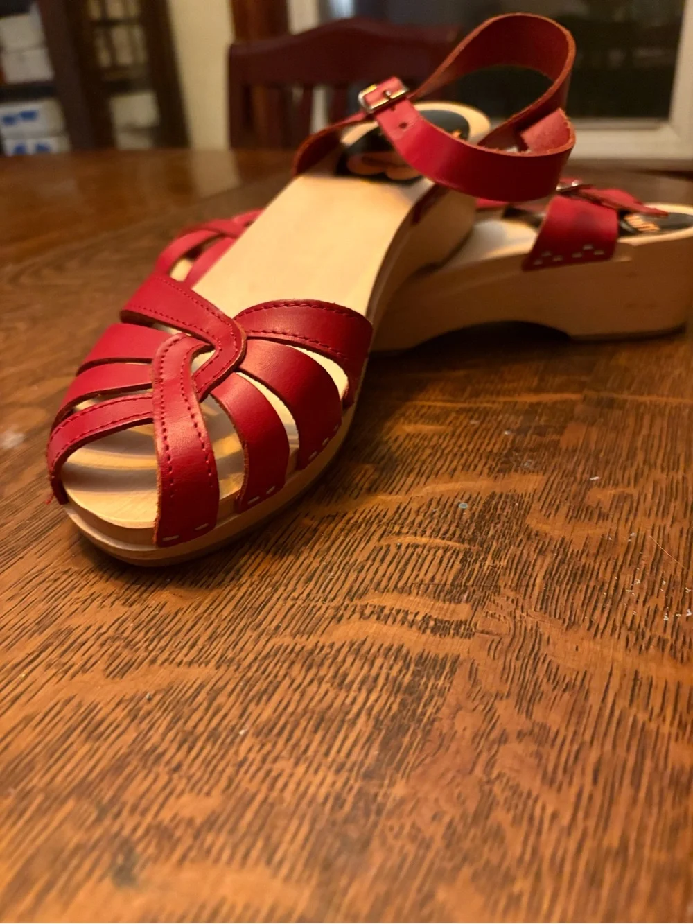 Swedish Hasbeens Red Leather Strappy Wood Platform Sandals